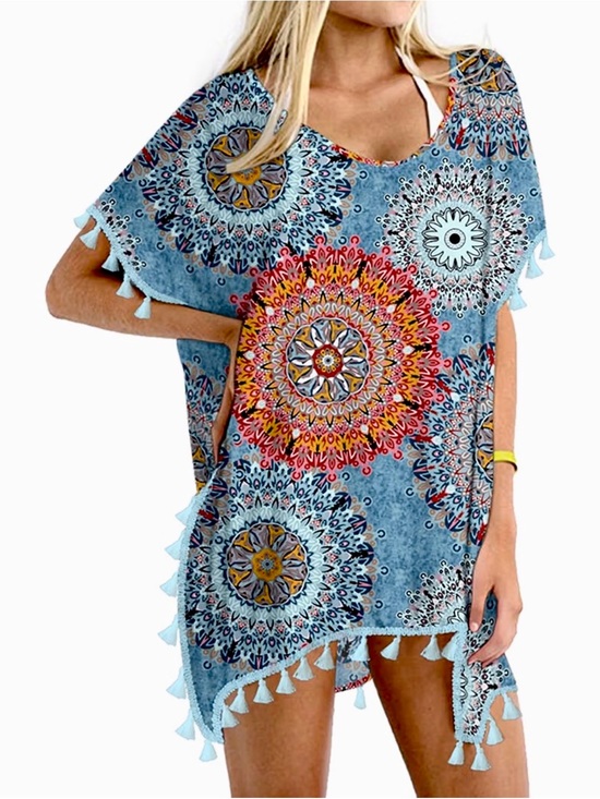 Other - Light Blue Boho Mandala Swim Cover-Up Tunic with Tassels